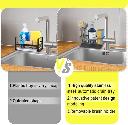 Fssvcd Maifan Sink Caddy Sponge Holder for Kitchen with Brush Holder and Stainless Steel Self Drain Tray, Rustproof Kitchen Sink Organizer for Sponge, Soap Dispenser Storage Accessories Dark Gray - Image 4