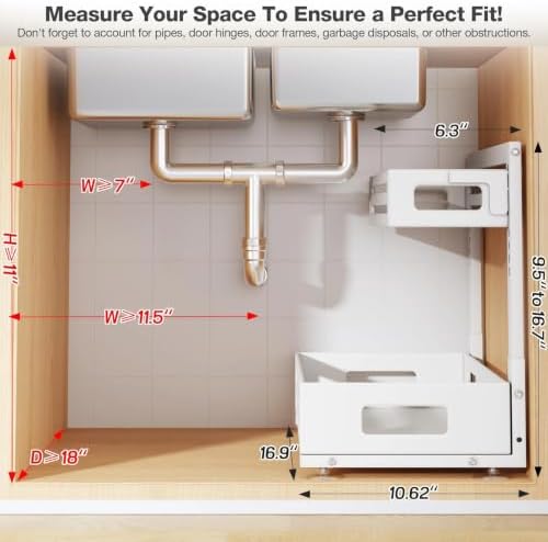 2 Pack 17IN-Depth Under Sink Organizer,Pull Out Cabinet Organizer With Smooth Cylindrical Rail,Metal Slide Out Drawer for Kitchen Bathroom Laundry,8-Level Tool Free Height Adjustable-White - Image 2