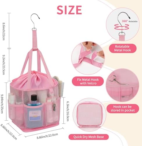 Shower Caddy Portable for College Dorm Room Essentials, Hanging Shower Caddy with Hook and Drawstring, Quick Dry Mesh Shower Bag with 6 Pockets for Bathroom, Swimming, Gym, Camping, Beach, Travel - Image 5