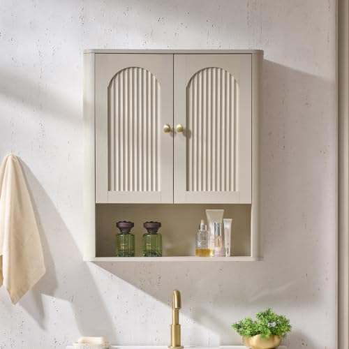 Bathroom Fluted Arched Wall Cabinet, 23.6''W Wood Medicine Cabinet, Cream - Image 7
