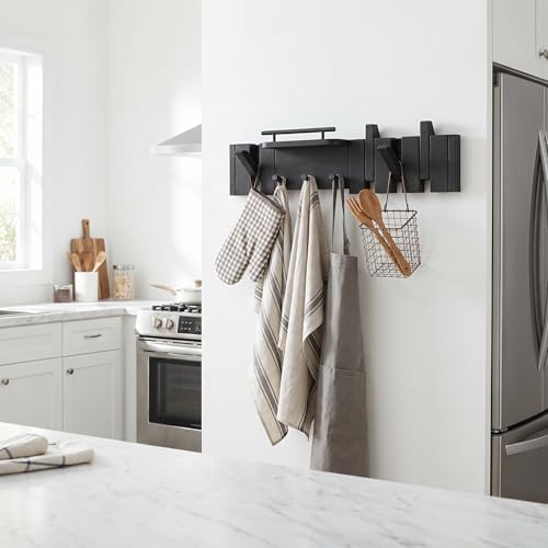 Modern Rustic Wood Coat Rack Wall Mount with Shelf, 7 Hooks, Black - Image 4