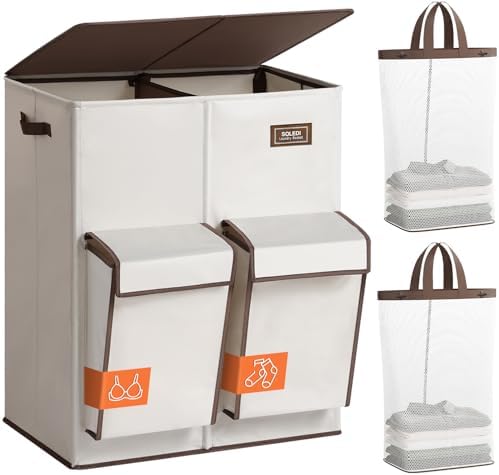 SOLEDI 180L Double Laundry Hamper with Lid and 2 Side Pockets, Dual Hamper by SOLEDI