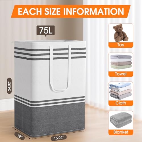 3 Pack Large Laundry Baskets, Laundry Hampers, Freestanding Waterproof Collapsible Clothes Bag with Extended & Reinforced Handles - Clothes Basket for Dorm, Bathroom, Home (75L) - Image 2