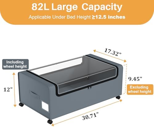 Webetop 12 Inch Under Bed Storage Containers, Rolling Organizer 2 Pack Grey - Image 2