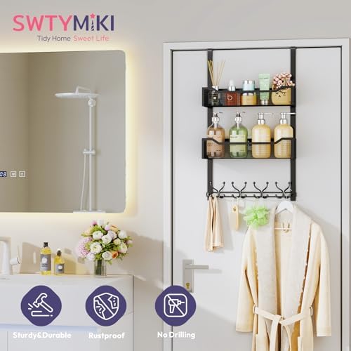 SWTYMIKI Over The Door Hooks Organizer - Multi-Functional Door Hanger with 16 Hooks & 2 Mesh Baskets, Long Coat Rack for Bathroom, Bedroom, Living Room, Home Storage Organizer, Black - Image 2