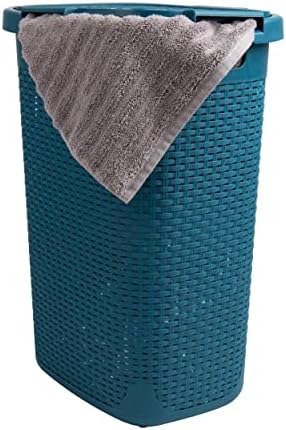 Mind Reader Slim Laundry Hamper with Lid, 60L Tall Clothes Basket, Narrow Tapered Design for Bathrooms, Closets and Laundry Rooms, Plastic, Blue by MindReader