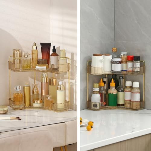 INVSSENE Corner Bathroom Countertop Organizer, Vanity Organizer Trays for Counter, Makeup Organizers, Perfume Tray, Skincare Shelf Storage Gifts for Women Girl Student (Yellow, 2 Tiers) - Image 6