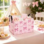 Rectangular Collapsible Laundry Basket with Side Handles, Pink Bow - Image 6