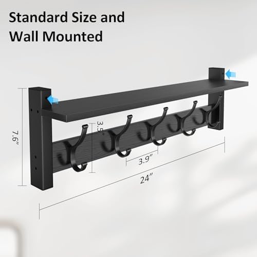 Optish Coat Rack Wall Mount with Shelf, 24 Inch Coat Hanger Walls Mounted, Hat Rack for Walls, Shelf with 5 Coat Hooks, Wall Hanger for Entryway (Black) - Image 7