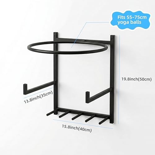 Wall Mounted Yoga Ball and Mat Holder, Space-Saving Home Gym Organizer and Storage Rack Fits 55-75cm Stability Ball with 5 Hooks for Resistance Bands and Equipment - Image 2