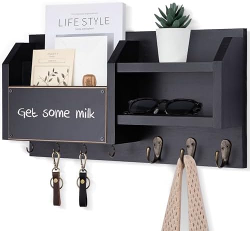Lwenki Mail and Key Holder – Wall Mount Key Hanger with Shelf and 7 Metal Hooks – Decorative Natural Paulownia Wood Entryway Organizer with Mounting Hardware (16.5”W x 8.7”H x 3.5”D) (Black) by Lwenki