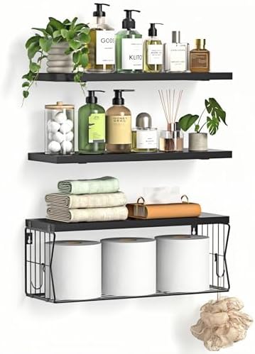 Floating Bathroom Shelves Wall Mounted - Wooden Shelf Set of 3 for Over Toilet Storage & Modern Bathroom Decor - Perfect Wall Shelving Organizer for Apartments RVs Powder Rooms Restroom - Black by Unknown