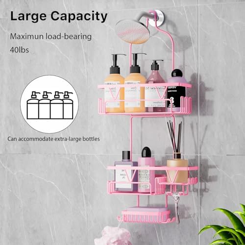 DAOYA Hanging Shower Caddy Over Shower Head, Anti-Swing Shower Organizer For Inside Shower With 2 Soap Holders, Multi Hooks, Rustproof Bathroom Accessories, Pink - Image 2