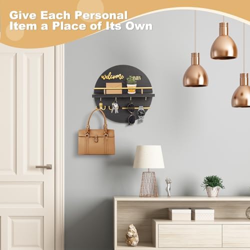 Key Holder for Wall, Key and Mail Holder Organizer with - Key Holder Wall Mount - Round Wooden Rustic Home Decor for Entryway, Mudroom, Hallway, Kitchen Office (Black) - Image 3