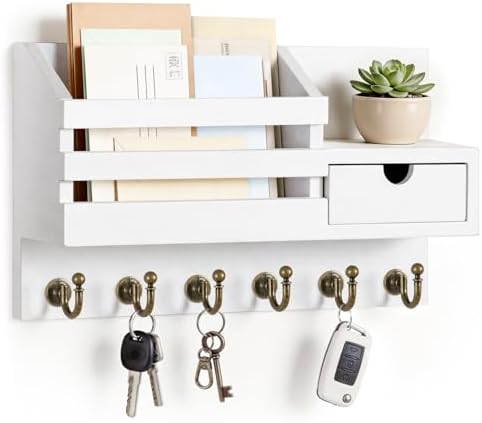 FifthQuarter Key and Mail Holder Wall Mount with Drawer and 6 Sturdy Hooks by FifthQuarter
