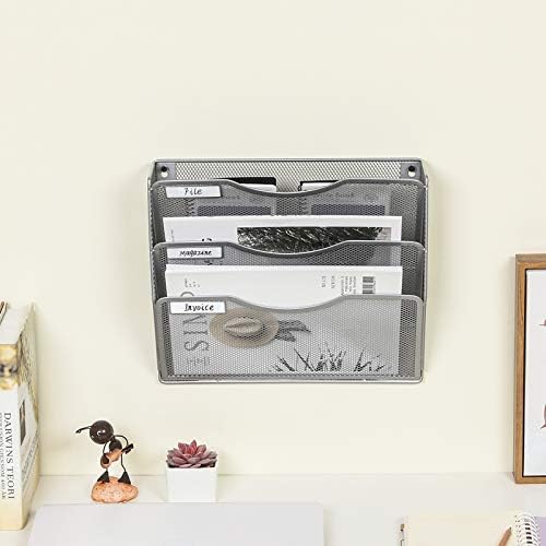 EasyPAG 3 Pocket Mesh Wall File Organizer, Hanging Paper Folder Holder with Classify Label, Vertical Wall Mount Mail Organizer for Office Home Classroom, Silver - Image 5