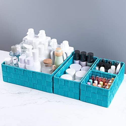 Posprica Woven Storage Baskets for Organizing, Small Black Baskets Cube Bin Container Tote Organizer Divider for Drawer, Closet, Shelf, Dresser, Set of 4(Aqua) - Image 3
