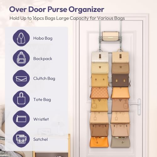 SWTYMIKI Over the Door Purse Organizer - Wall Mounted Handbag Organizer with 16 Hooks and Metal Basket, Hanging Purse Storage Rack Holds up to 16 Bags, Bag Rack Can Use As 1/2 Part, for Door, Closet - Image 2