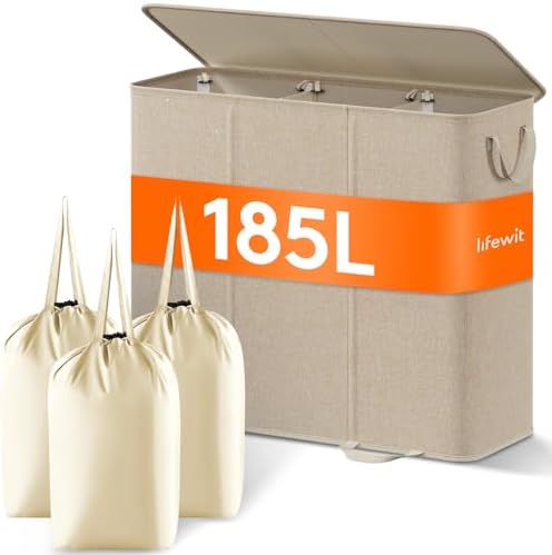 Lifewit Triple Laundry Hamper with Lid, Removable Laundry Bags, Beige by Lifewit
