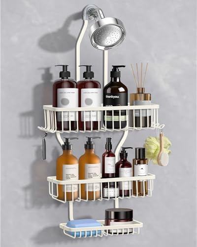 Shower Caddy Hanging - Never Rust Shower Hanging Organizer - Aluminum Over the ShowerHead Caddy with Soap Basket and 6 Hooks for Razor/Sponge (Milky White) by MSAICOE