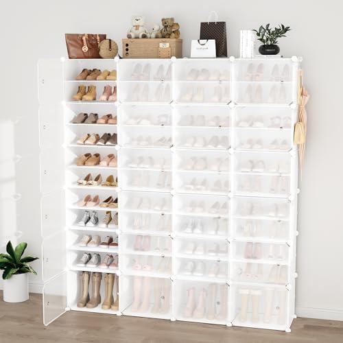 Portable Shoe Rack Organizer with Door, 96 Pairs Shoe Storage Cabinet Easy Assembly, Plastic Adjustable Shoe Storage Organizer Stackable Detachable Free Standing DIY Expandable 12 Tier White - Image 2