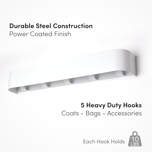 xympo Modern Wall-Mounted Coat Rack with Shelf – Heavy-Duty Steel, 5 Sturdy Hooks, Powder-Coated Finish, Space-Saving Entryway Organizer with Mounting Hardware – Sleek & Minimalist Design (White) - Image 3