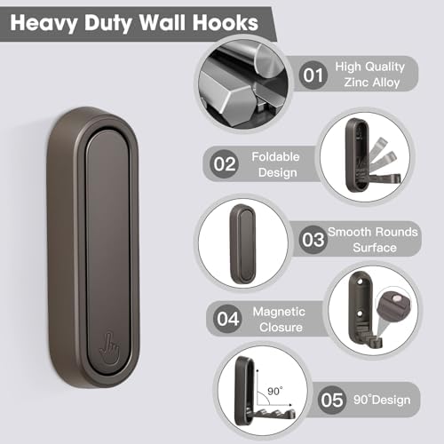 Dntorx Folding Wall Hooks, 2 Pack, Grey, Zinc Alloy, Heavy Duty Coat Hooks - Image 3