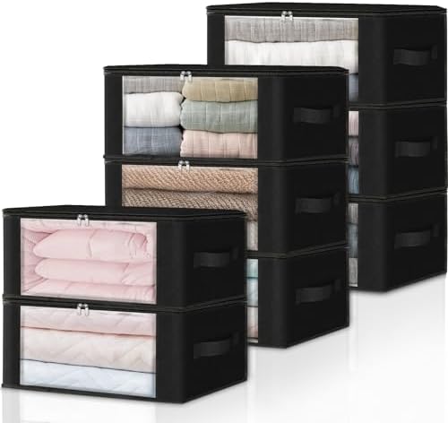 HomeHacks 8-Pack Clothes Organizer Storage Bags, 35L Storage Bins, Black | Foldable Storage Box Container with Zippers, Clear Window, Reinforced Handles for Closet, Dorm, Pillows, Bedding, Sweater by HomeHacks