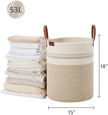 VIPOSCO 53L Tall Woven Rope Laundry Hamper, Leather Handles, Brown & White - Image 5