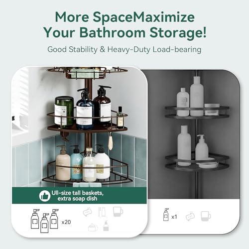 Corner Shower Caddy Tension Pole, 4 Tier Rustproof Shower Tension Rod Organizer, Adjustable 25-125 Inch Bathroom Shower Organizer Shelves for Bathtub Shampoo Storage, Brown - Image 4