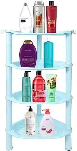 4 Tier Corner Shower Caddy, Rustproof, Plastic Shower Organizer for Bathroom, Bathtub, Shower pan, Bath Accessories Shower Caddies, 13.5 x 10 x 33.5 Inches, Blue (Round Slot Blue 4 Tier) by SLZBCY