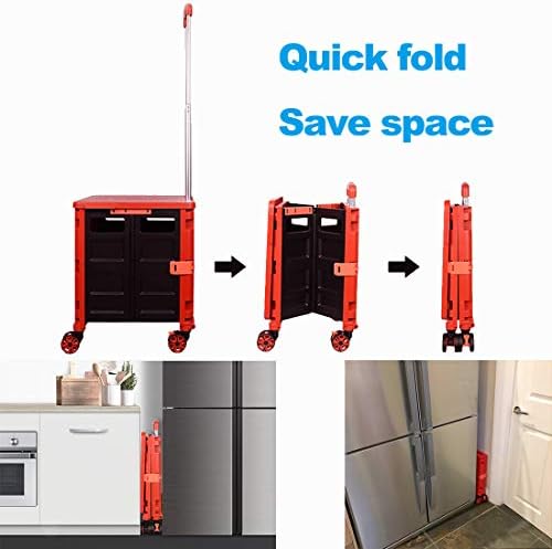 Foldable Utility Cart Folding Portable Rolling Crate Handcart Shopping Trolley Wheel Box with Lid Wear-Resistant Noiseless 360°Rotate Wheel for Travel Shopping Moving Storage Office Use (Red) - Image 5