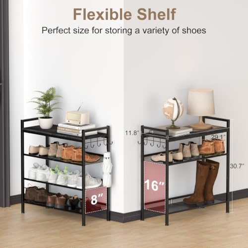 Shoe Rack for Front Door Entrance, 4 Tier Height-Adjustable Metal Shoe Rack, Sturdy Wooden Top and Tiltable Steel Frame Heavy Duty Shoe Organizer for Bathroom,Bedroom,Kitchen, Include Hook, Black - Image 2