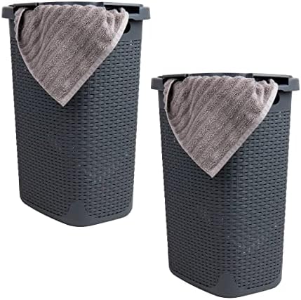 Mind Reader 60L Slim Laundry Hamper, Clothes Basket, Lid, Wicker Style, Plastic, 17.65"L x 13.75"W x 24.15"H, Set of 2, Gray by MindReader