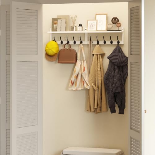 AMBIRD 34.2" L Wooden Wall Coat Hooks with Shelf - Versatile and Decorative Wall-Mounted Storage - 10 Hooks for Hanging Coats, Hats, Keys, Bags, Scarves - Ideal for Entryways, Bedrooms, Closets(White) - Image 3