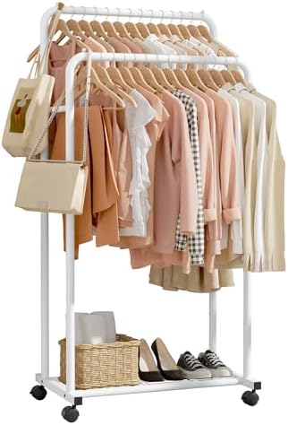 Sakugi Clothes Rack - Clothing Rack with Storage Mesh Shelf & Casters, Heavy-Duty Metal Clothing Rack for Hanging Clothes, Dresses, Coats, Large Load Capacity, Easy Assembly, White, 28.0"x16.0"x59.0" by Sakugi