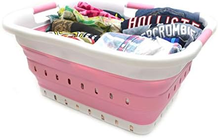 SAMMART 41L Collapsible 3 Handled Plastic Laundry Basket - Foldable Pop Up Storage Container/Organizer - Portable Basket - Space Saving Hamper/Basket (3 handled rectangular, White/Pink) - Image 4