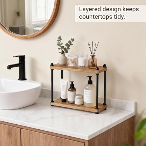 Mkono Bathroom Counter Organizer, 2 Tier Rustic Wood Countertop Sink Shelf - Image 3
