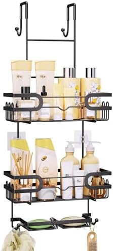 SWTYMIKI Over the Door Shower Caddy Hanging with Double Soap Holder, Hanging Shower Organizer with 16 Hooks, No Drilling Shower Shelves Over Door, Bathroom Rack and Storage, Black by SwtyMiki-TidyHomeSweetLife