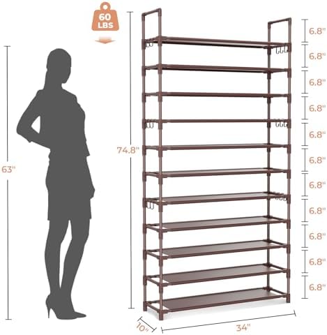 LANTEFUL 11 Tiers Tall Shoe Rack Holds 55 Pairs of Shoes with 18pcs Hooks Sturdy Wide Shoe Organizer Storage Free Standing Metal Shoe Shelf for Closet, Entryway Brown - Image 3