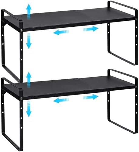 Set of 2 Expandable Cabinet Shelf Organizer, Stackable Kitchen Countertop Shelves Spice Racks, Small Metal Storage Shelf For Cupboard Counter Tabletop, 30 LBS Heavy Duty, Adjustable, 13.8" to 21.6" by X-cosrack