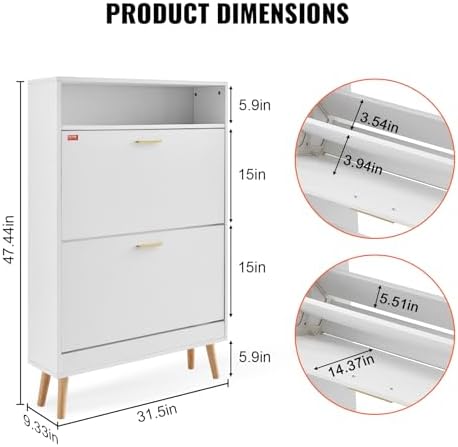 VEVOR Shoe Storage Cabinet for Entryway, 31.5" D x 9.4" W x 47.3" H, White - Image 3