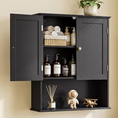 Bathroom Wall Cabinet, Black 30" x 24" Wall Mounted Medicine Cabinet, Over Toilet Storage Hanging Cabinet Adjustable Shelves Cupboard with Large Space for Laundry Room, Bedroom, Kitchen, Entryway by Elnure