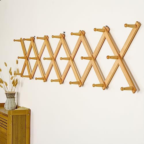 SKOLOO Hat Rack for Wall with 20 Hooks, Solid Wooden, Modern, Expandable Coat Rack Wall Mount for Coats, Hats, Bags, Baseball Caps, Natural Color - Image 3