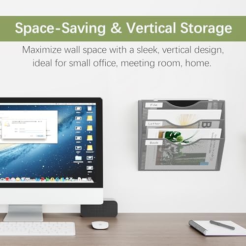 EasyPAG 3 Pocket Mesh Wall File Organizer, Hanging Paper Folder Holder with Classify Label, Vertical Wall Mount Mail Organizer for Office Home Classroom, Silver - Image 2