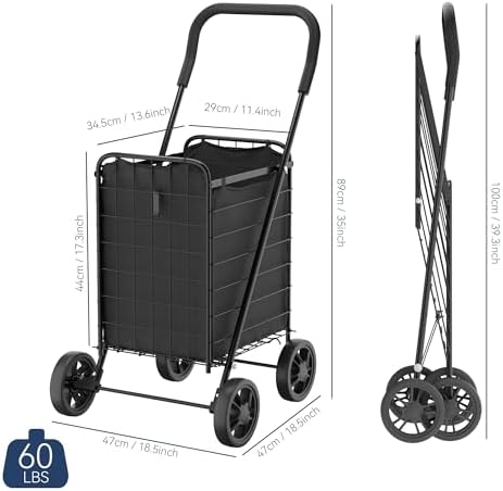 Whitmor Foldable Utility Shopping Cart with Wheels, 60Lb Capacity, Heavy Duty Grocery Cart with Steel Frame, Foam Handle, Rolling Utility Cart for Grocery, Laundry, Travel, Black/w Liner - Image 2