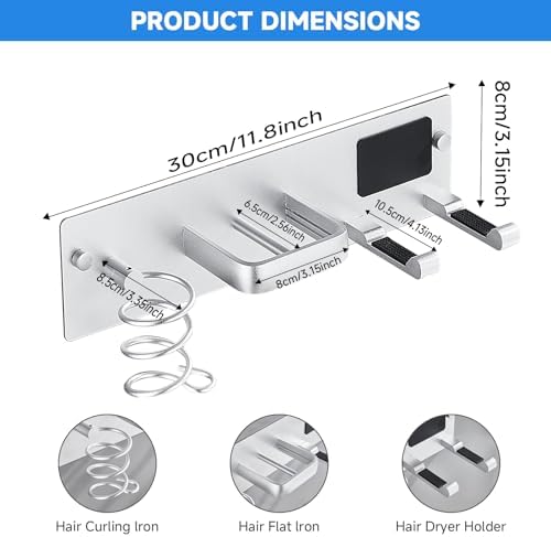 Hair Dryer Holder Wall Mounted,Blow Dryer, Curling Iron, Straightener Holder 3 in 1 Bathroom Metal Hair Tool Organizer Rack-Silver-2 - Image 2