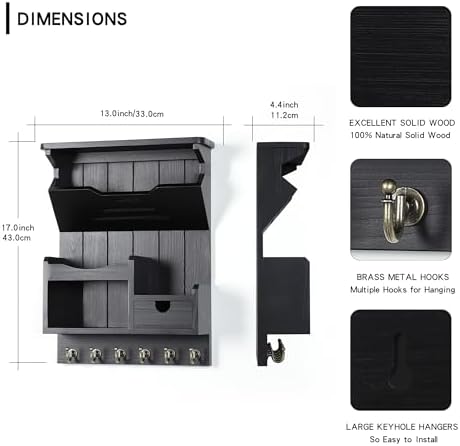 DOPACE Handcrafted Pine Wood Mail Organizer & Key Holder, Black - Image 3