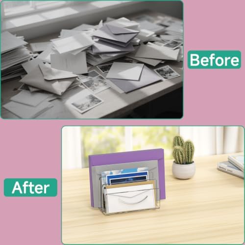 Mail Organizer Envelope Holder - 3 Compartments Clear Acrylic Mail Holder Countertop Home Office Desk Organizer Small File Sorter Vertical Bill Letter Paper Document Storage Rack - Image 3