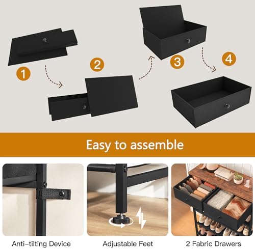 usikey Shoe Rack, 5 Tier Shoe Storage Organizer with 2 Drawers, Metal Shoe Shelf for 12-16 Pairs of Shoes, with 4 Oxford Fabric Shelves and Wooden Top, Shoe Stand for Closet Entryway, Black - Image 6